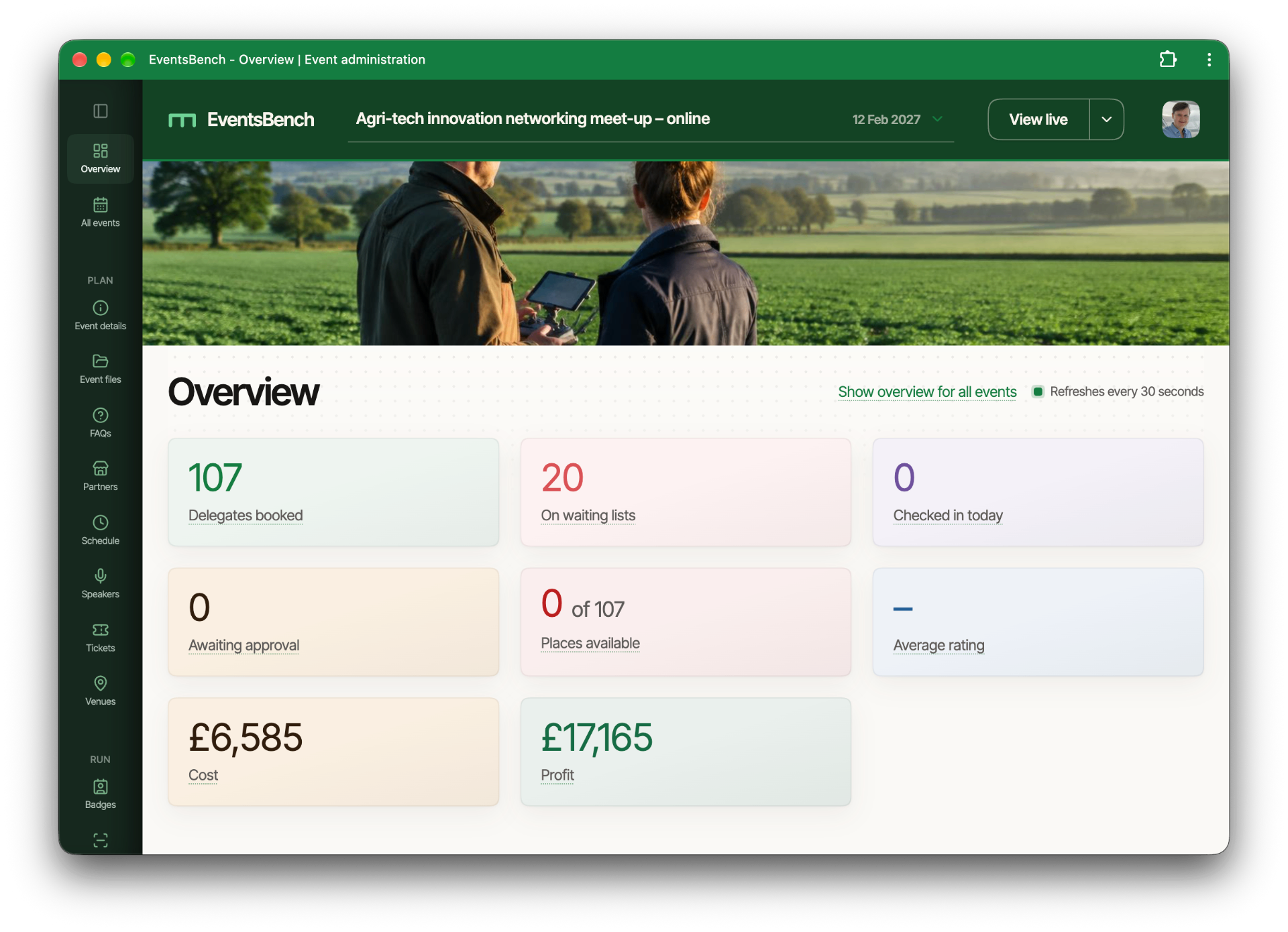 The EventsBench overview page, showing events, bookings and profit at a glance